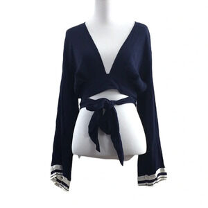 Faithfull the Brand Navy Blue Tie-Front Crop Top with Striped Cuffs